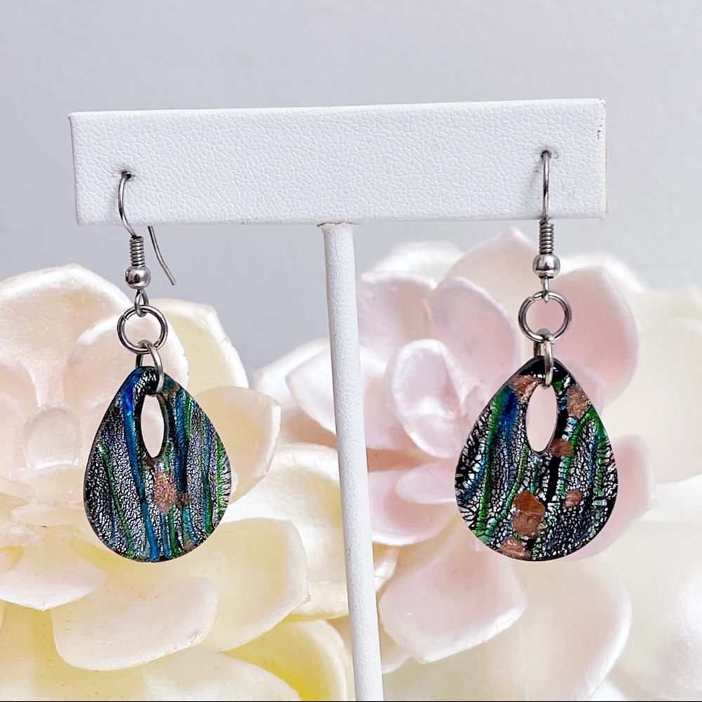 Silver Bronze Teardrop Glass Abstract Earrings